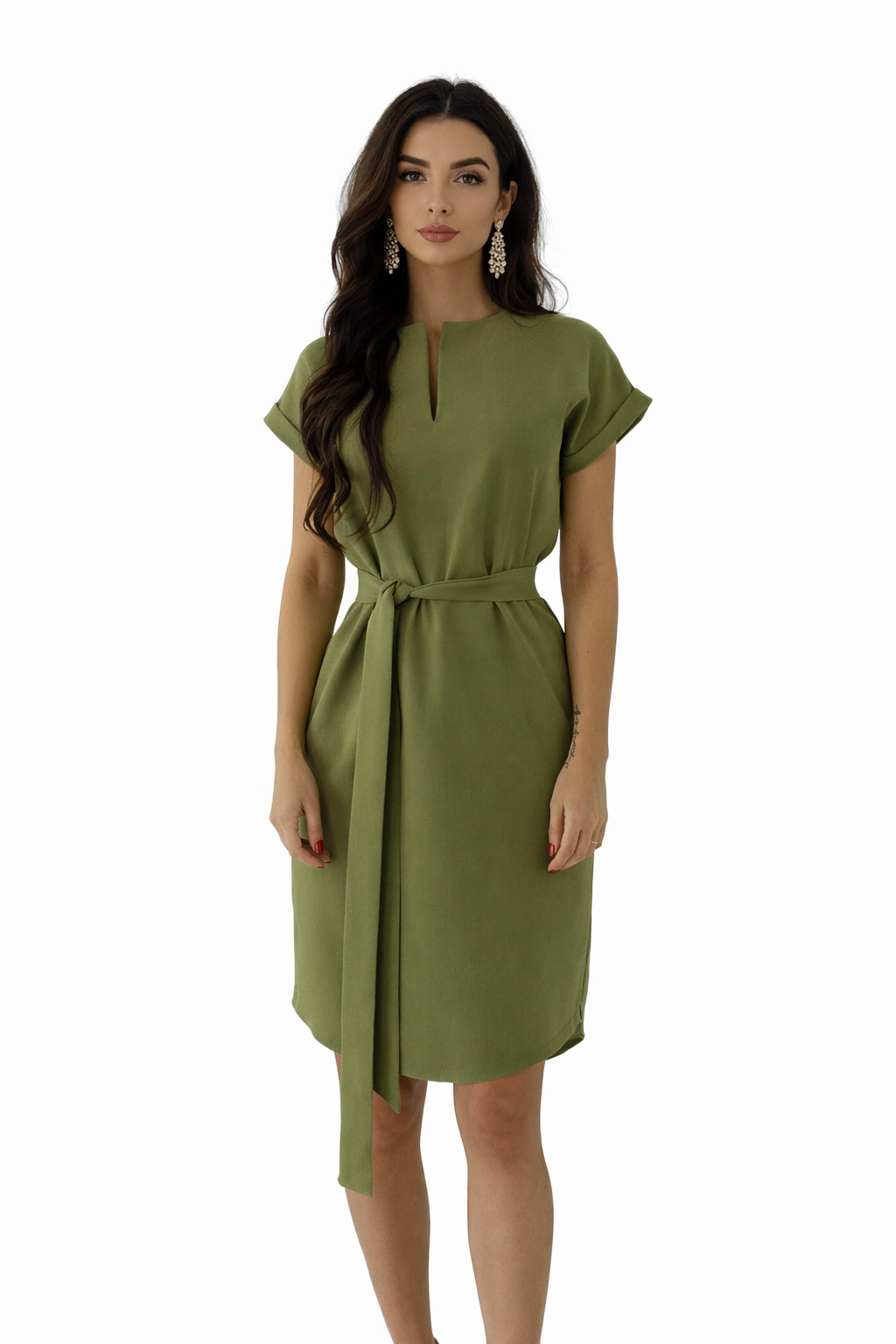 Alyvuogių spalvos suknelė su dirželiu