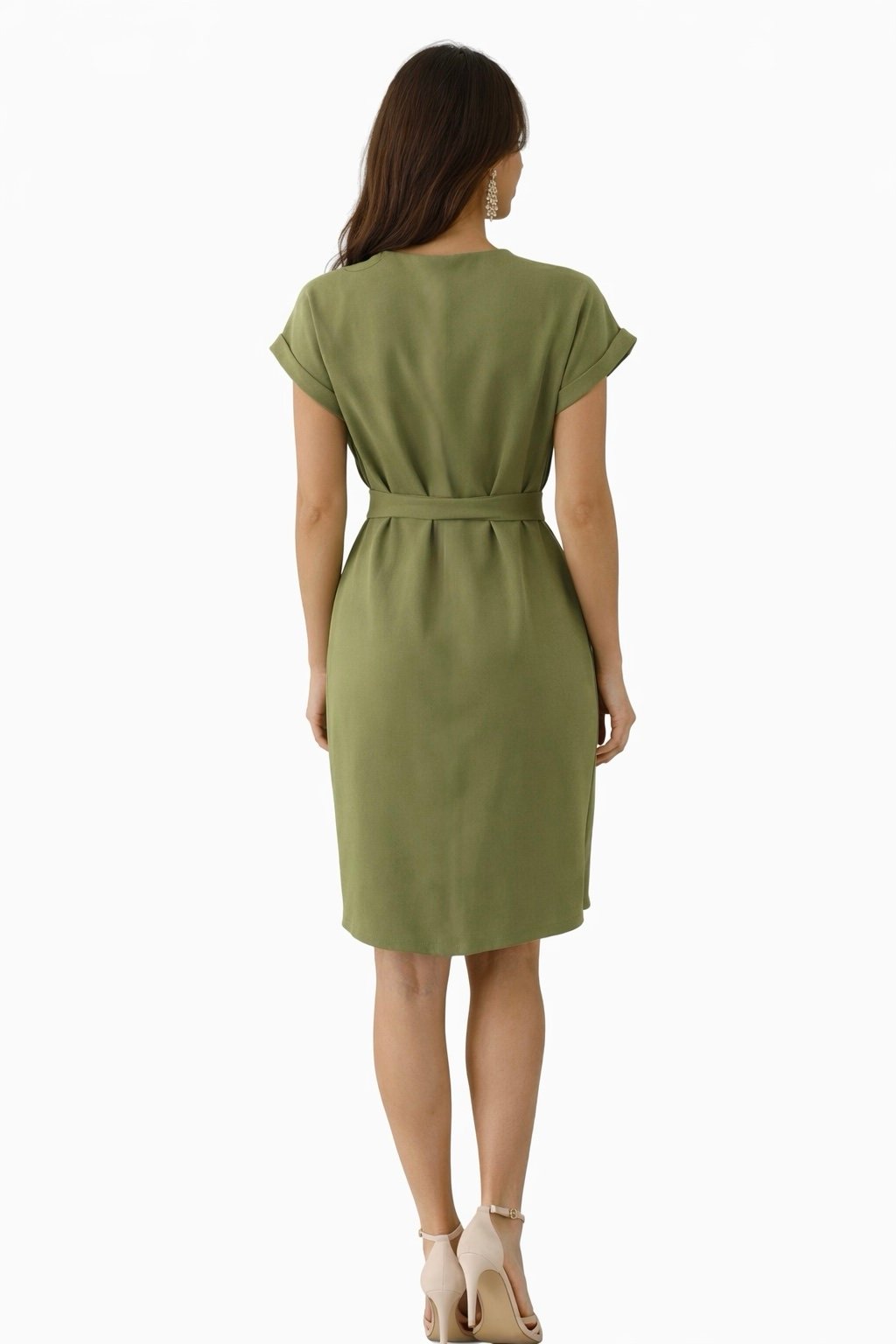 Alyvuogių spalvos suknelė su dirželiu