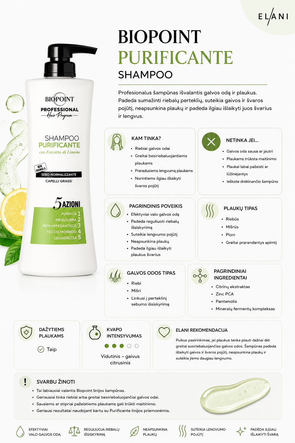 Biopoint PURIFICANTE - PROFESIONALUS ŠAMPŪNAS IŠVALANTIS GALVOS ODĄ IR PLAUKUS 400 ML - PV14724 - PV03621