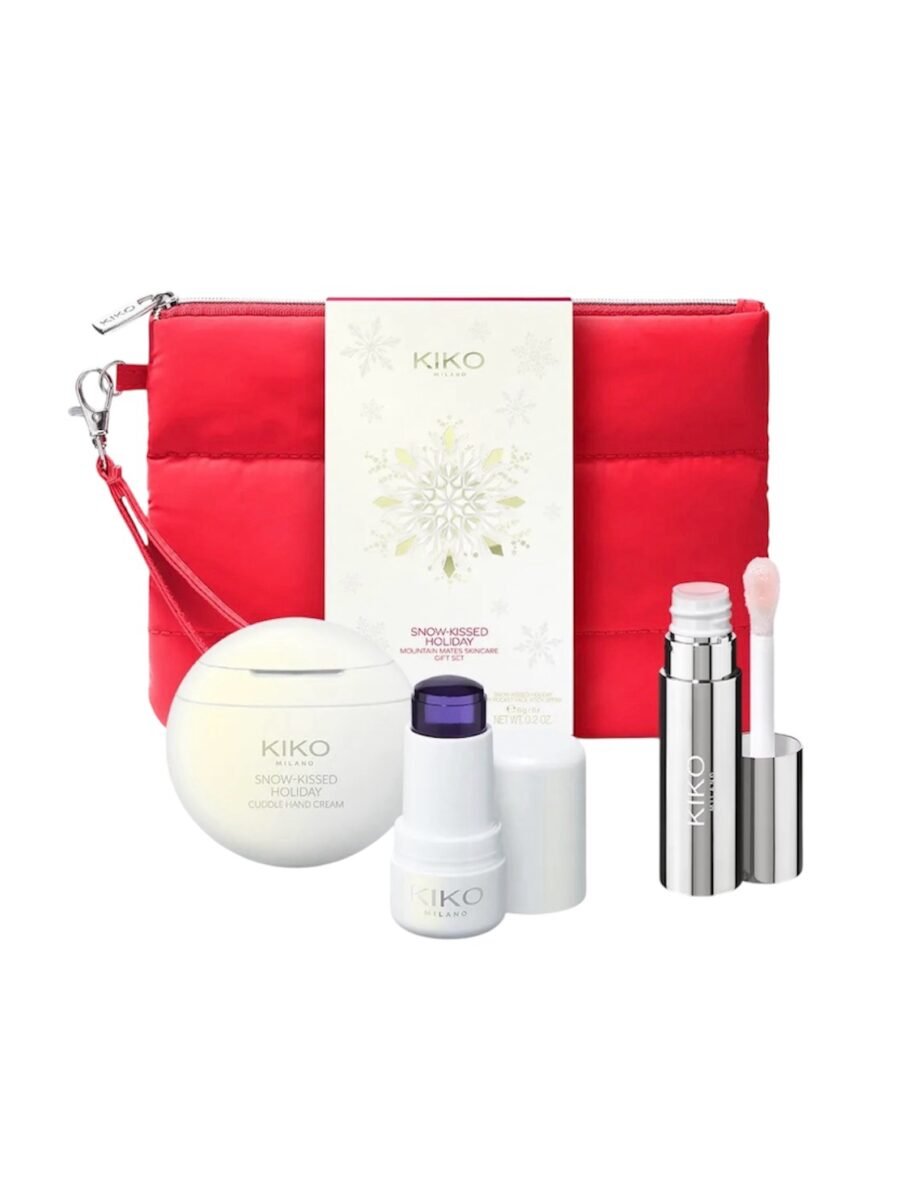 photoroom_20260303_221526 KIKO MILANO Snow-Kissed Holiday Mountain Mates Skincare Gift Set – veido, rankų ir lūpų priežiūros rinkinys su kosmetine
