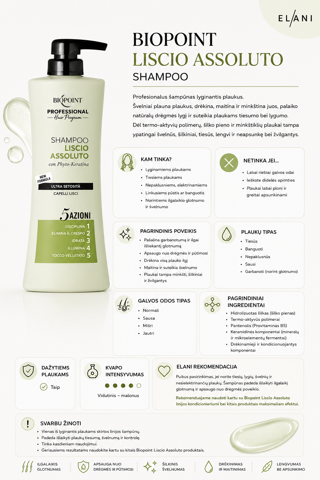 Biopoint LISCIO ASSOLUTO - PROFESIONALUS ŠAMPŪNAS LYGINANTIS PLAUKUS 400 ML