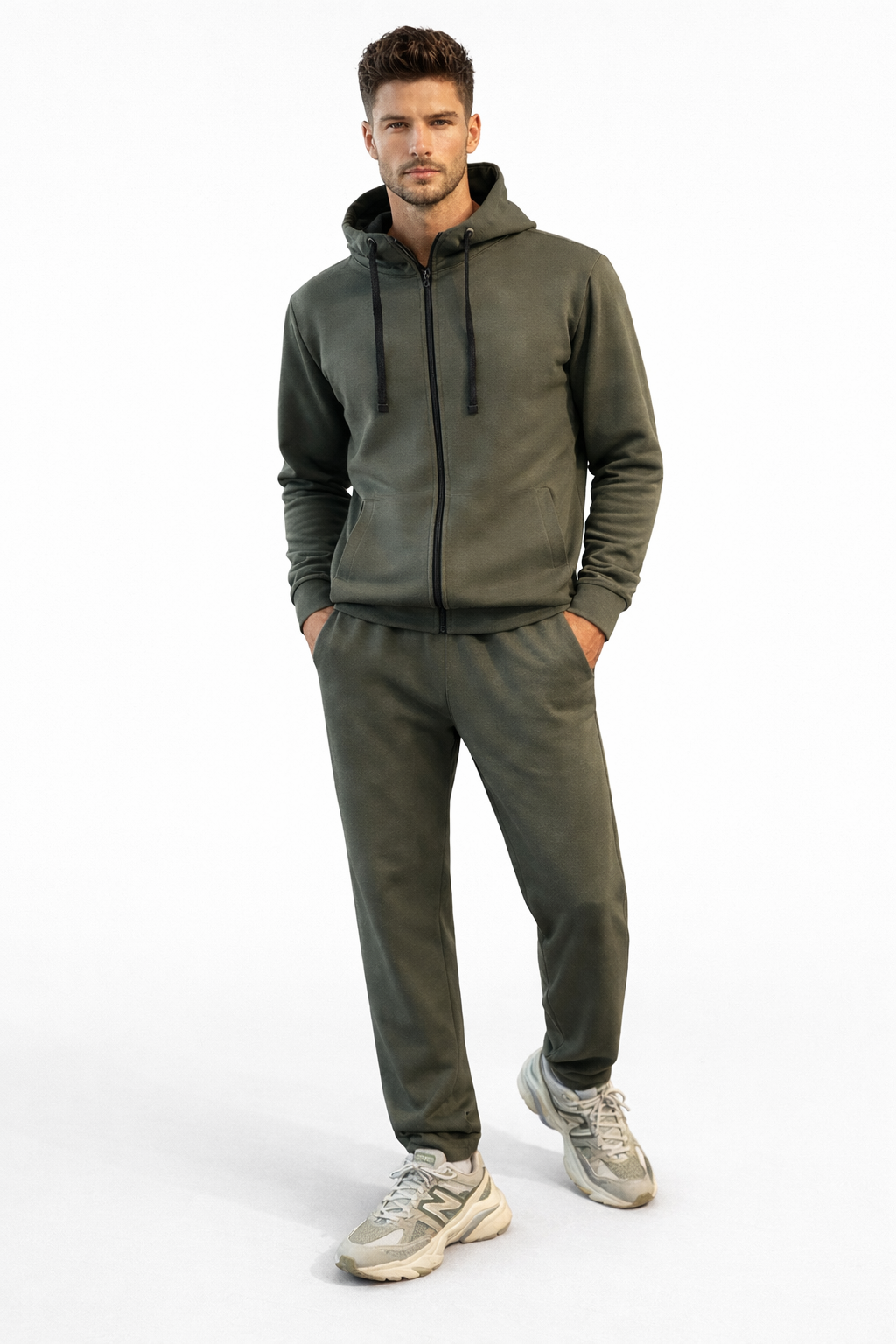 Vyriškas laisvalaikio kostiumas su užtrauktuku (alyvuogių spalvos)