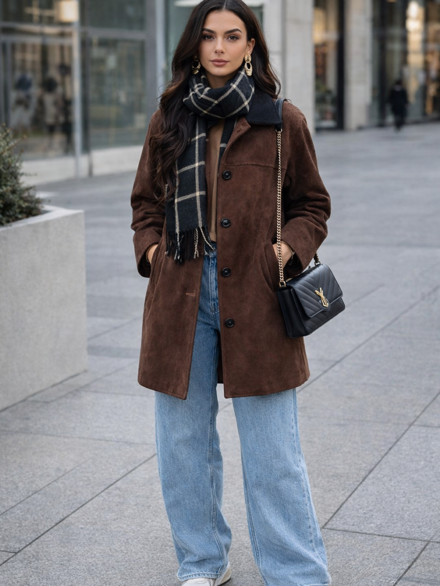 Rudos spalvos zomšinio audinio paltukas su velvetine apykakle