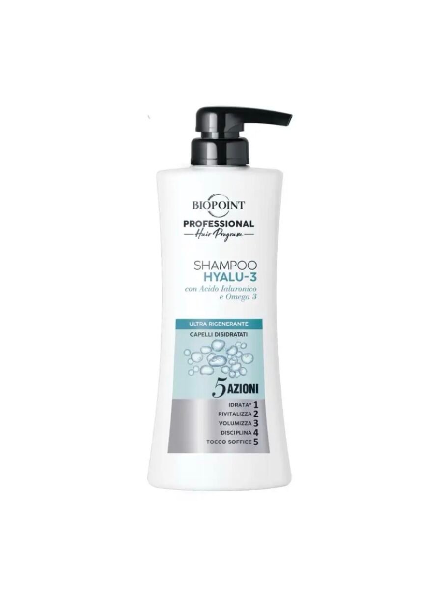 BIOPOINT HYALU-3 – PROFESIONALUS DRĖKINANTIS ŠAMPŪNAS SU HIALURONU IR OMEGA 3, 400 ML
