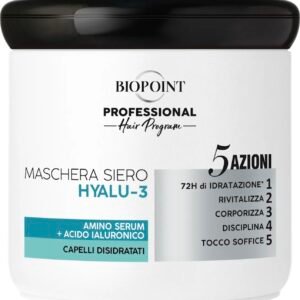 Biopoint HYALU-3 -
Profesionali
Hyaluron-Omega 3
kauke
dehidratuotiems ir
sausiems plaukams
400 ml