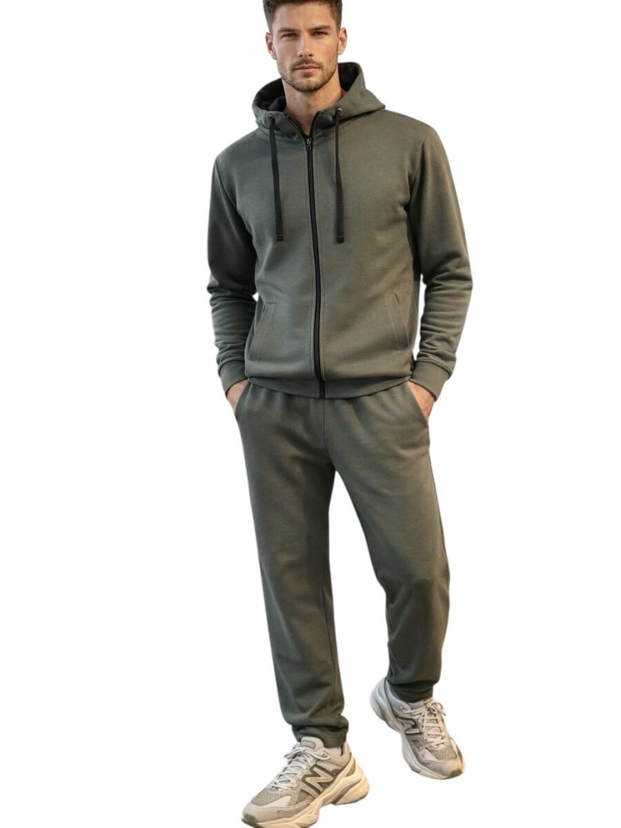 Vyriškas laisvalaikio kostiumas su užtrauktuku (alyvuogių spalvos)