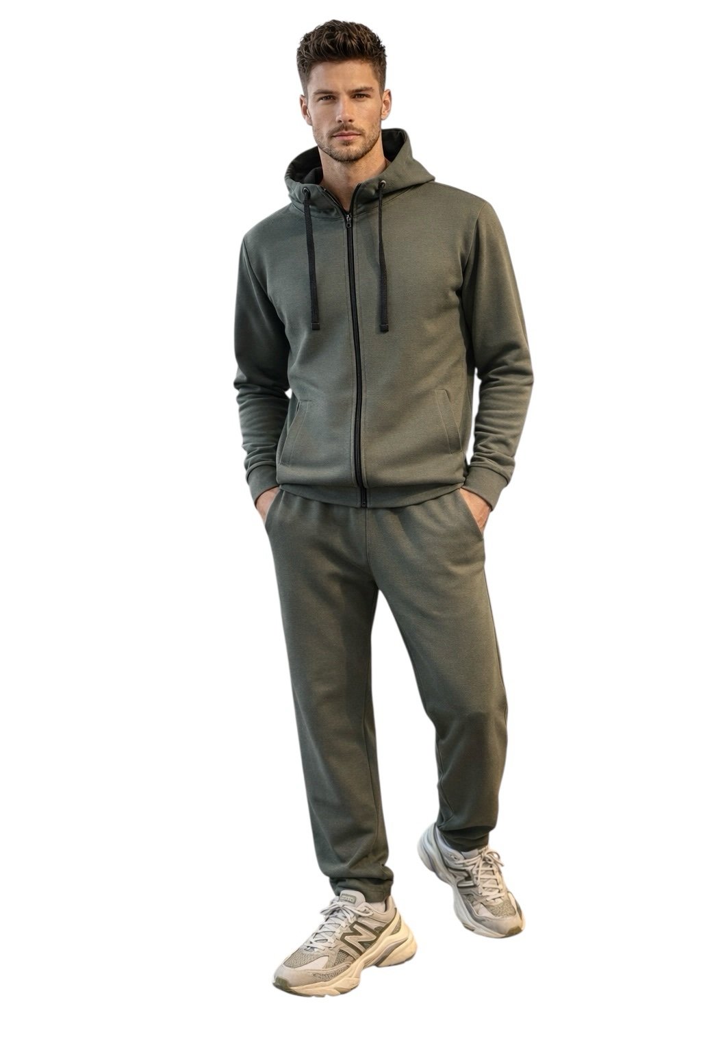 Vyriškas laisvalaikio kostiumas su užtrauktuku (alyvuogių spalvos)