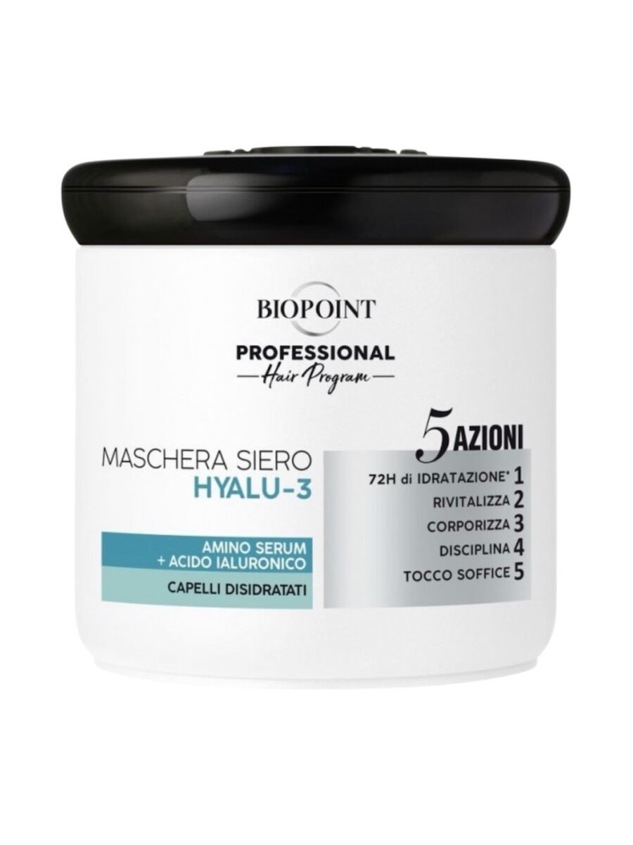 Biopoint HYALU-3 -
Profesionali
Hyaluron-Omega 3
kauke
dehidratuotiems ir
sausiems plaukams
400 ml