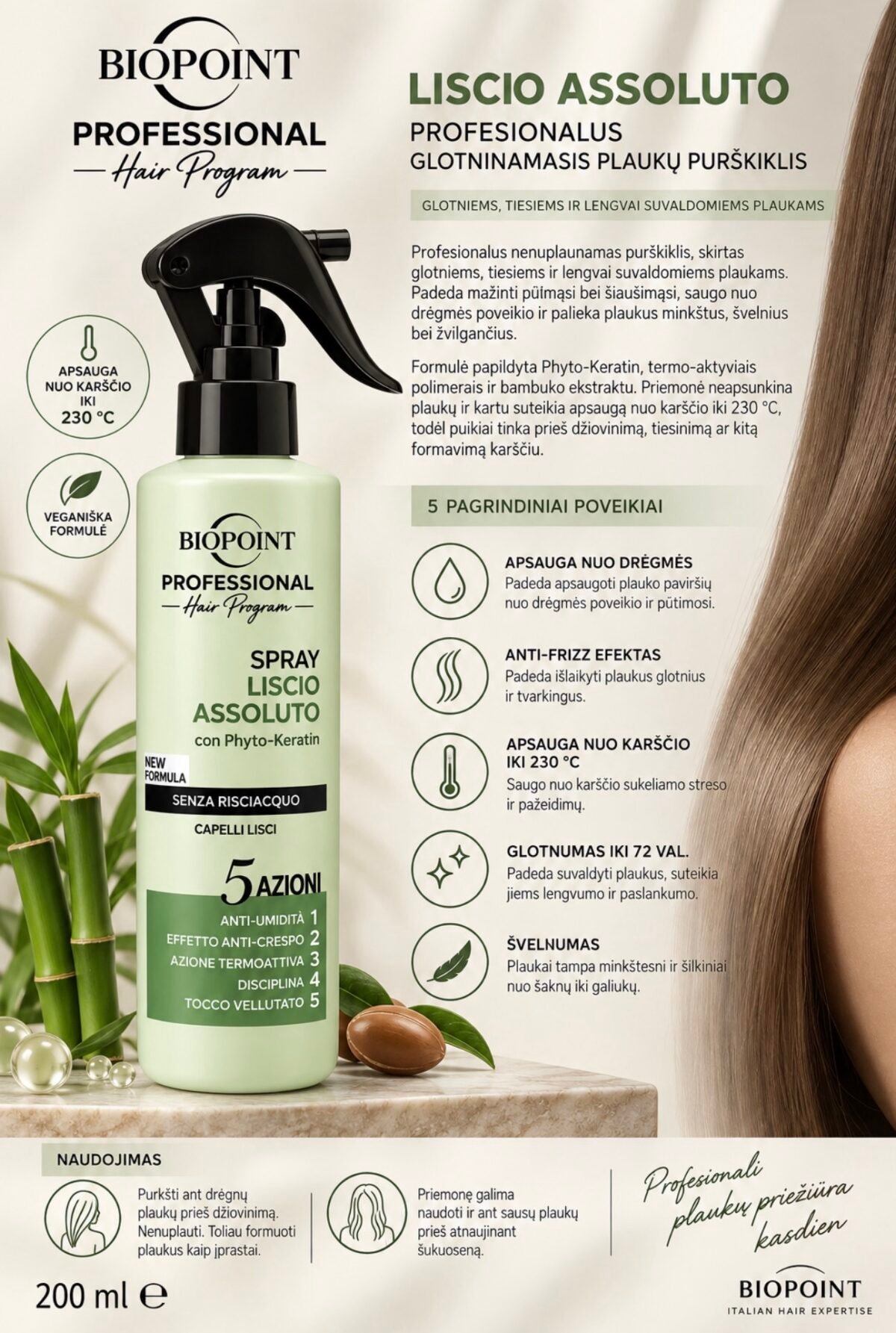 BIOPOINT Professional Liscio Assoluto – profesionalus glotninamasis plaukų purškiklis 200 ml